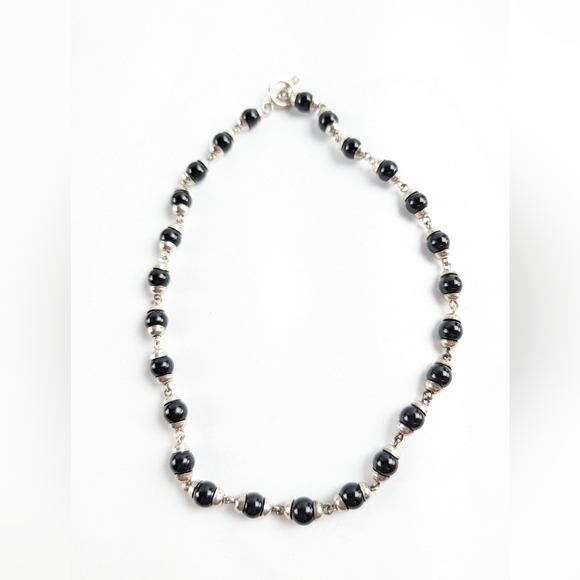 Jewelry - Vintage Sterling Silver Onyx Bead Choker Necklace Heavy